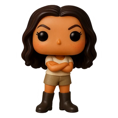 Enhance the image quality with smooth golden peach skin and a healthy glow, dark hair with auburn highlights, dark greige leather boots, textured clothing (cream top, greige bottom), arms crossed as in the reference image, coral peach cheekbones, subtle freckles, no neck visible, eyebrows with a mischievous and playful expression, no mouth, transparent background. Maintain the original style and composition. sticker