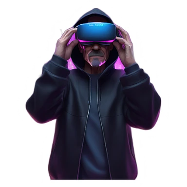 Walter White wearing a black hoodie with "OMG" letters on it and VR headset in a cyberpunk VR environment with violet neon lighting. sticker