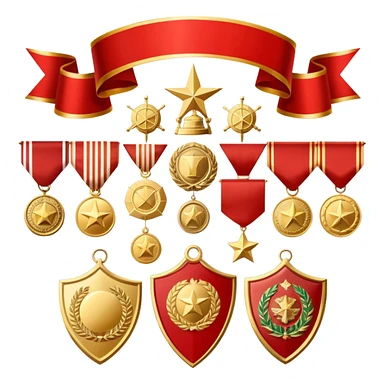Icon for Collecting Orders, Medals & Badges: a variety of vintage orders, medals and badges, displayed neatly on a big red pennant or in a display case. The icon should reflect the honor and historical significance of these collectible items. Transparent background. sticker