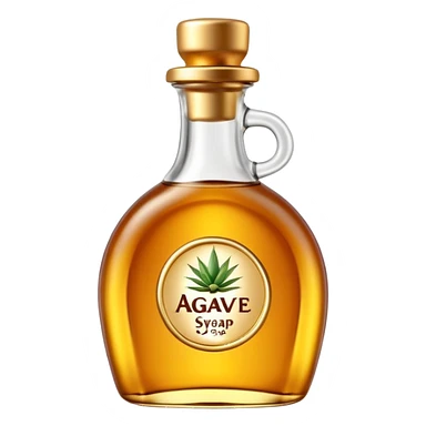 transparent bottle of agave syrup, warm golden-amber, shiny, viscous, curved shape, gold or green flip-top cap, minimal label, no text, 3D-rendered, clean, soft shadows, transparent background, emoji scale sticker