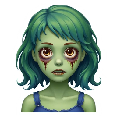 faça uma menina zumbi verde bonita com um cabelo ondulado, olhos castanhos-avermelhados e que metade da franja seja azul escuro e o a outra metade e resto do cabelo sejam castanho escuros sticker