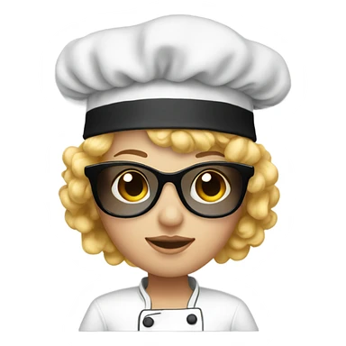 young white woman, with blond curly hair, sunglasses and chef toque sticker
