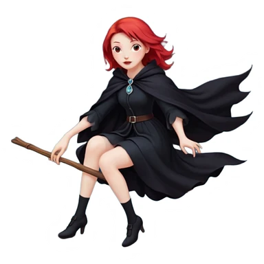 witch with red hair flying , on the background - full moon and black birds, должна сидеть на метле, ноги не касаются краев изображения sticker