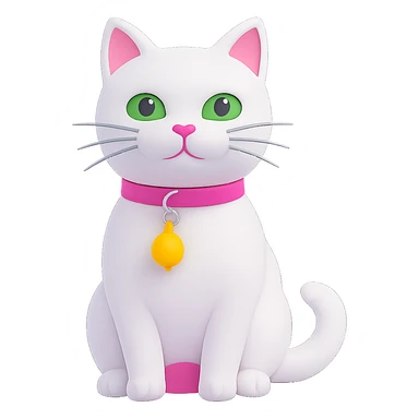 Edit the image of a white cat with a pink collar and a yellow bell on the collar. Change the cat's eyes to green. Remove the background so it is transparent. Maintain the style and details of the original image. sticker