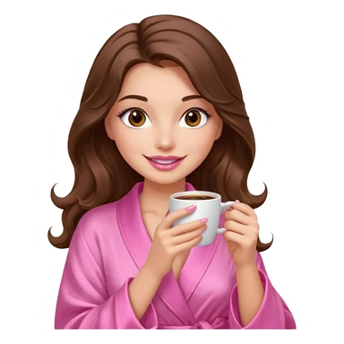 girl with long wavy brown hair, brown eyes, long lashes makeup, sexy pink lips, light to medium complexion, wearing a pink sexy silk top, smiling in a cozy pink robe drinking coffee sticker