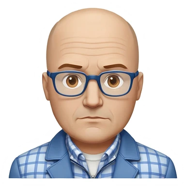 50-year-old heavyset man with very wide face and prominent square jawline. Little to no hair on the sides with some hair on top, balding pattern. Large dark square glasses. Serious-relaxed expression. Light gray jacket that fits his larger frame, white shirt with blue checkered pattern. sticker