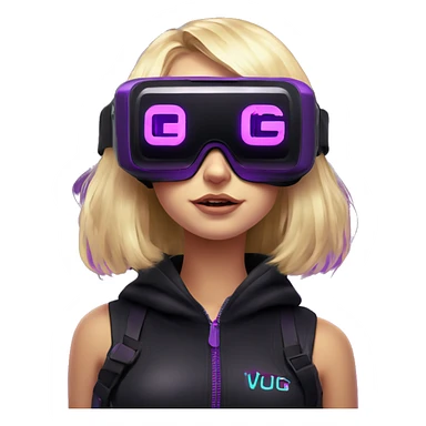 Russian cute blond girl wearing black hoody with violet letters "OMG", in vr headset. Cyberpunk style. Violet neon. sticker