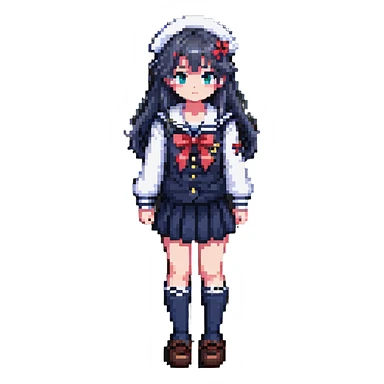 Japanese anime schoolgirl with classic sailor uniform in pixel art style sticker