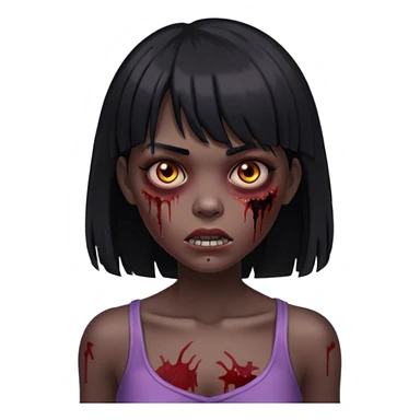 Um zumbi feminino, com cabelo preto e franja, machucados pelo rosto e torso, fundo escuro destacando o rosto com sombras sticker