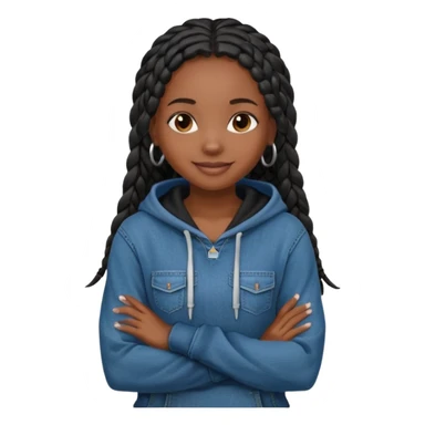 African American dark skin girl with long black box braids wearing a plain black hoodie with denim skinny jeans with arms folded across chest sticker