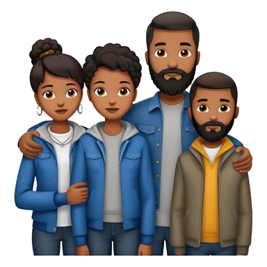 A loving black family of four (4). With a mother,  a 13 yr old son, a 15 yr old daughter, and a father with a full beard, all dressed in urban chic clothing sticker