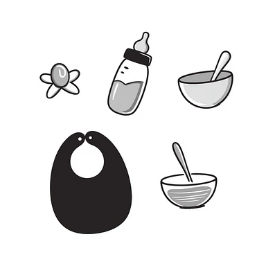 a baby feeding set including a baby bottle, pacifier, bowl with spoon, and bib, in pastel colors dd9fb0, ffc6d3, a3bfc9, c4bee2, f1b091, detailed hand-drawn doodle style sticker