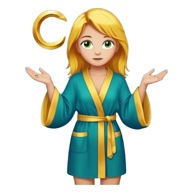 lightly tanned skin, green-blue eyes, cute and sexy girl with bright yellow-brown hair in a dark sky pallete robe, golden rings, slight cute makeup, full body sticker