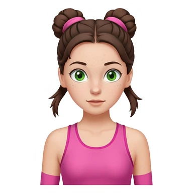 a white brunette girl with green eyes and freckles going for a run in a pink outfit with hair up in bun sticker
