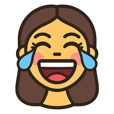 vibrant vector emoji of a female face laughing, eyes closed with tears of joy, mouth wide open showing teeth and tongue, rosy cheeks, long eyelashes, makeup details, bright and playful, smooth lines, energetic expression sticker