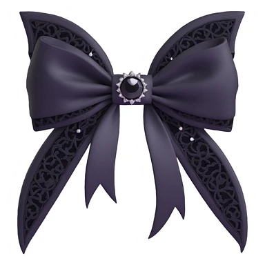 3D emoji gothic bow, white silk, silver crescent moon, black lace overlay, black feather accents, single black teardrop gem sticker