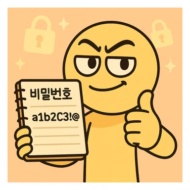 emoticon-style cartoon character holding a notebook with Korean text '비밀번호', strong password 'a1b2C3!@#', lock icon, character giving confident thumbs-up, glowing lock icons in pastel background, flat, simple, bright, 360x360px, PNG sticker