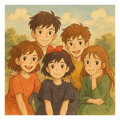 A group of three girls and two boys posing together as friends, in a warm, whimsical Ghibli-inspired illustration, with soft lighting and gentle colors, evoking a sense of camaraderie and adventure. sticker