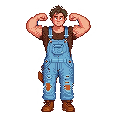 Wreck-It Ralph man with short messy hair, brown overalls, boxy figure with big arms sticker