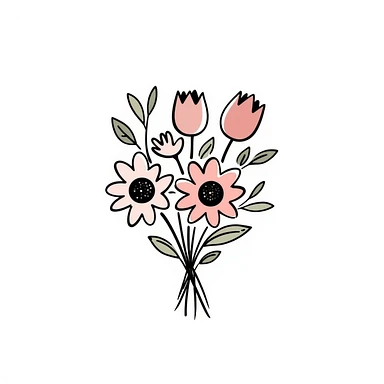a bouquet with a variety of different flower types including roses, tulips, daisies, sunflowers, and lilies with stems and leaves in pastel colors dd9fb0, ffc6d3, a3bfc9, c4bee2, f1b091, detailed hand-drawn doodle style sticker