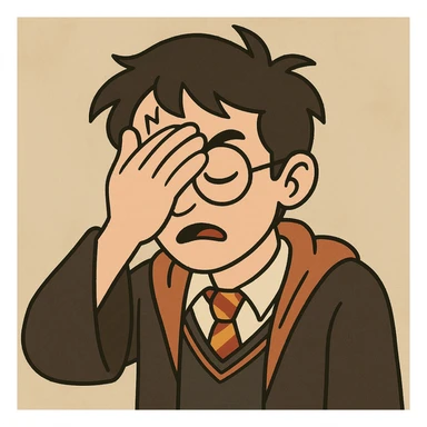 Harry Potter facepalm, cartoon style, glasses, lightning scar, robe sticker