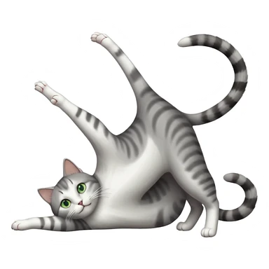 grey and white cat with green eyes doing a big extremely long stretch reaching up into the air with arms and legs side by side together straight and overextended whilst lying on its side sticker