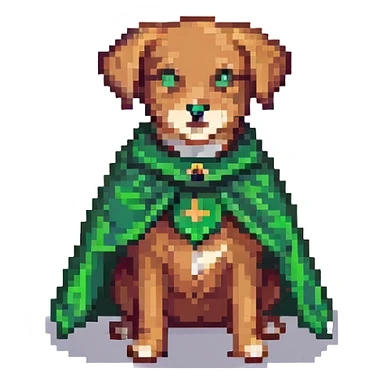 A pixel art style emoji of a super dog with a green cape. sticker