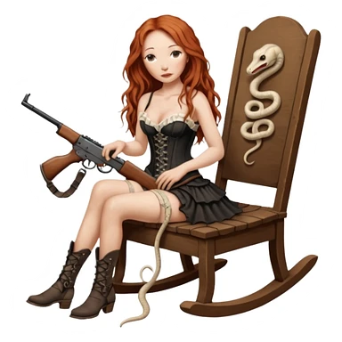 realistic cinematic Tori Amos sits on a rocking chair in a torn corset, holding an antique rifle and her bare feet are muddy. A white snake is wrapped around the chair. sticker