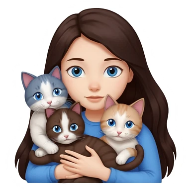 a girl with long dark 
brown hair, with blue eyes, hugs 3 different natural coloured cats sticker