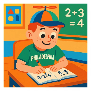 Little Johnny, propellor hat spinning, Philadelphia sports shirt, at a math classroom desk, neatly working, positive and studious atmosphere, colorful and friendly sticker