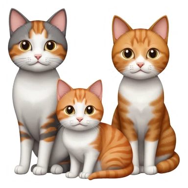 3 different coloured short haired cats, including a dark brown tabby and white cat, and a dark grey and white and a ginger and white sticker