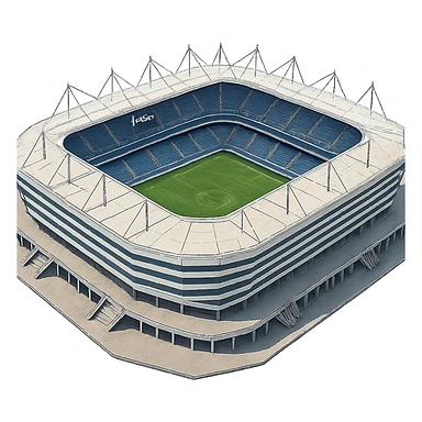 Изометричная, яркая, детализированная и фотореалистичная иллюстрация стадиона Ростех Арена Калининград внутри голубые трибуны в стиле 3D-коллажей городов, насыщенные цвета, аккуратные и чёткие линии, мультяшно-реалистичная стилистика. Чёткие контуры, не размазанные линии, высокое качество, прозрачный фон, не обрезать края картинки sticker