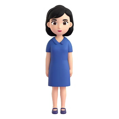 A girl with black hair, dark brown eyes, a beautiful face, short, straight hair to the shoulders, and a navy blue dress. sticker