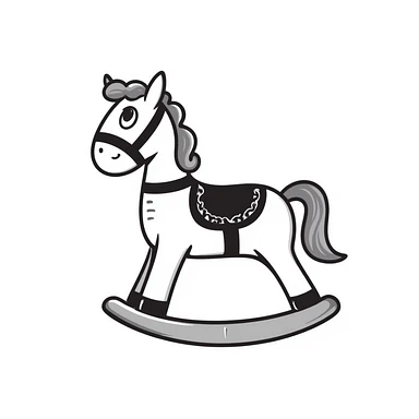 A hand-drawn toy rocking horse with western details and a cute face sticker