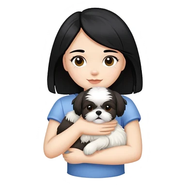 A girl with black hair hugging a Shih Tzu dog sticker