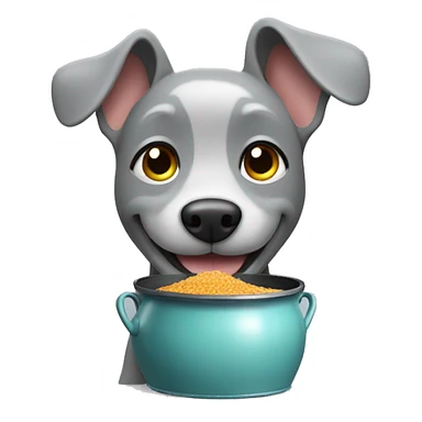 Happy Grey dog with a pot sticker