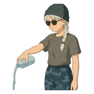 1 female, long white braid, knit cap, dark sunglasses, GRAY T-SHIRT, blue camo pants, gazing slightly down, POURING OUT A WATER BOTTLE on the ground sticker