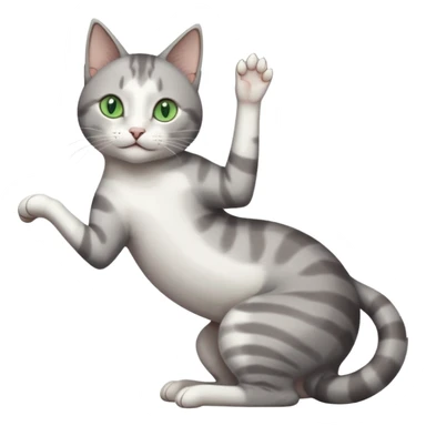 grey and white cat with green eyes doing a big extremely long stretch reaching up into the air with arms and legs side by side together straight and overextended whilst lying on its side sticker