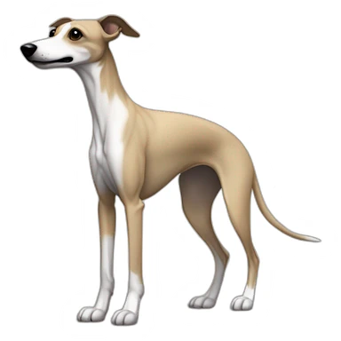a beige whippet full body side profile with his left foot raised up up and a leash going out of frame, with a dark snout, black and white mouth patchy and black angel wing like eyes sticker