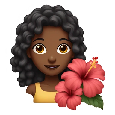 Girl with brown skin with black curly hair holding hibiscus flowers sticker