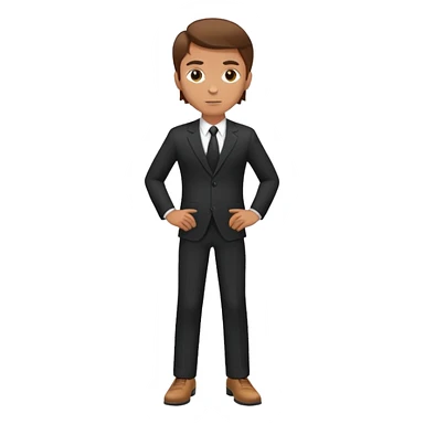 Caucasian male, brown hair, standing wearing dark suit and shoes, with hands on hips sticker