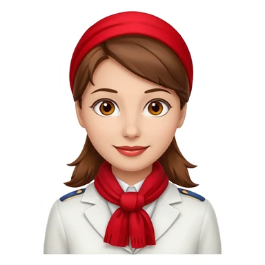Female flight attendant, with red scarf, white shirt, brown hair, brown eyes, iOS emoji-type face, fair skin  sticker