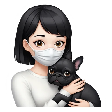 girl with short black straight bangs hair wearing a white mask and hugging one black French bulldoge  sticker