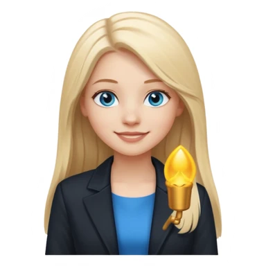 A white girl with long straight blonde hair, blue eyes and a white dress with a black jacket smiling sticker