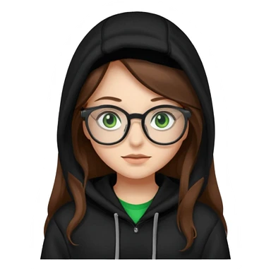 Girl with long brown hair, green eyes, glasses and a black hoodie on sticker