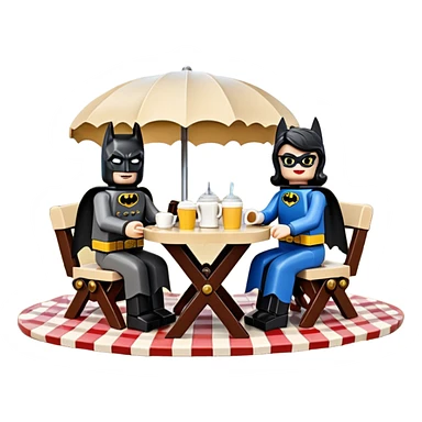  Ultra cute  Lego detailed 1854 Batman and pretty Catwoman dream horse drawn Caravan with picnic table and folding chairs alone at romantic afternoon (hot chocolate and cheeseburgers on the grill) sticker