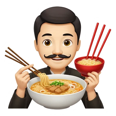 Chinese guy, yellow emoji, with long moustache smiling with ramen sticker