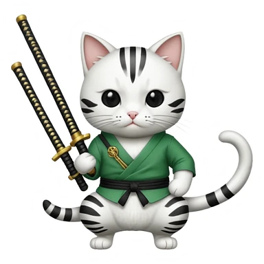 un gato blanco con reeferencia a roroa zoro "una espada en cada mano y una en la boca sticker