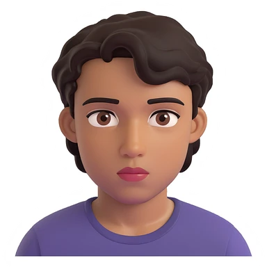 apple style 3D emoji of a teenage boy, front-facing, medium-brown skin, rectangular face, short wavy black hair, thick eyebrows, dark brown almond eyes, calm neutral expression, medium nose, full lips, faint mustache, black t-shirt, faint scar on right cheek, no headphones, plain background sticker