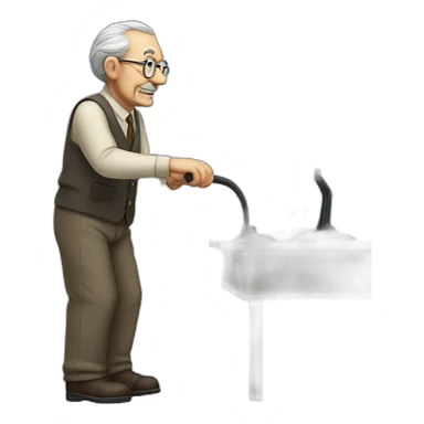 old man with a cane stands at a computer desk sticker